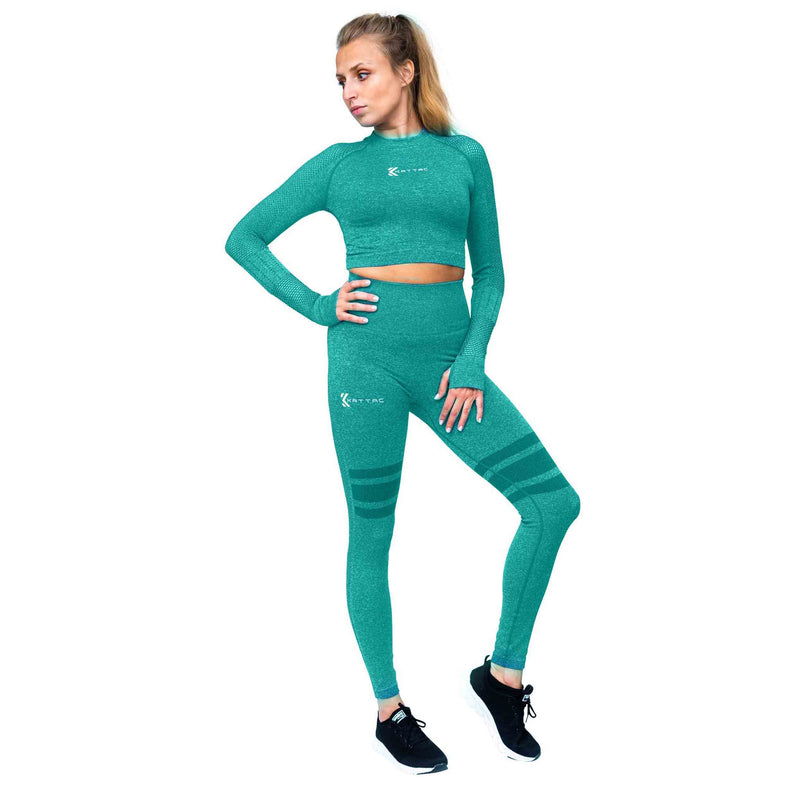ENERGY Two-Piece Women’s Workout Set: Long Sleeve Crop Top and Leggings - Green