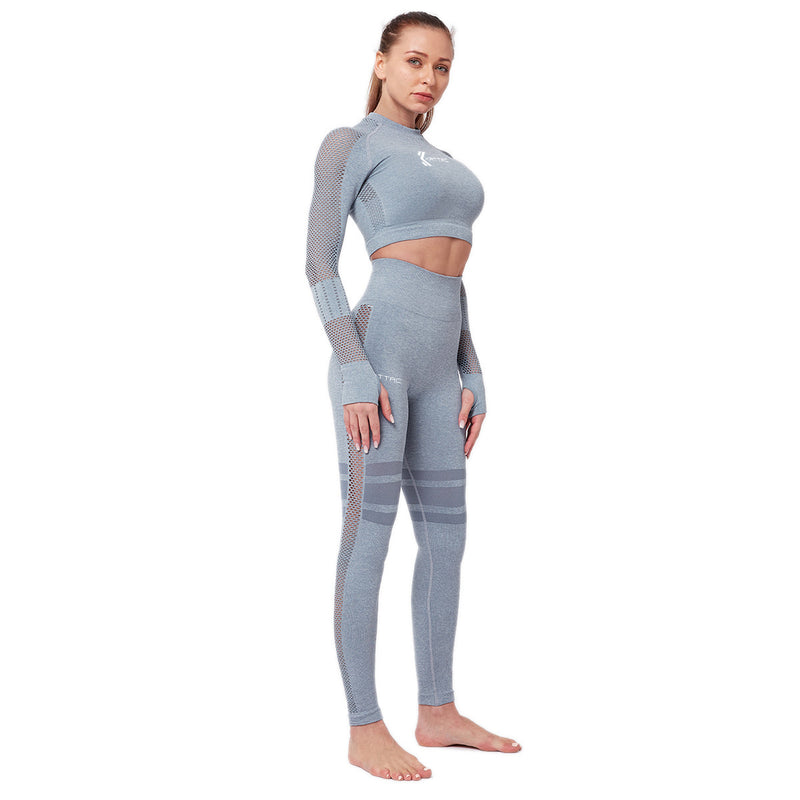 MOTION Two-Piece Women’s Workout Set: Long-Sleeve High Neck Crop Top and Leggings - Grey